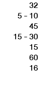 32 5 - 10 45 15 - 30 15 60 16 